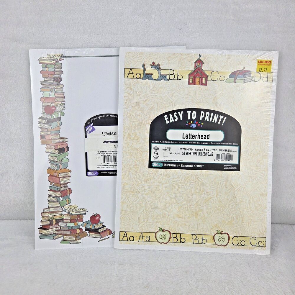 Vintage‎ School Themed Letterhead Paper Lot 75 Sheets Books Apple ABC Teacher